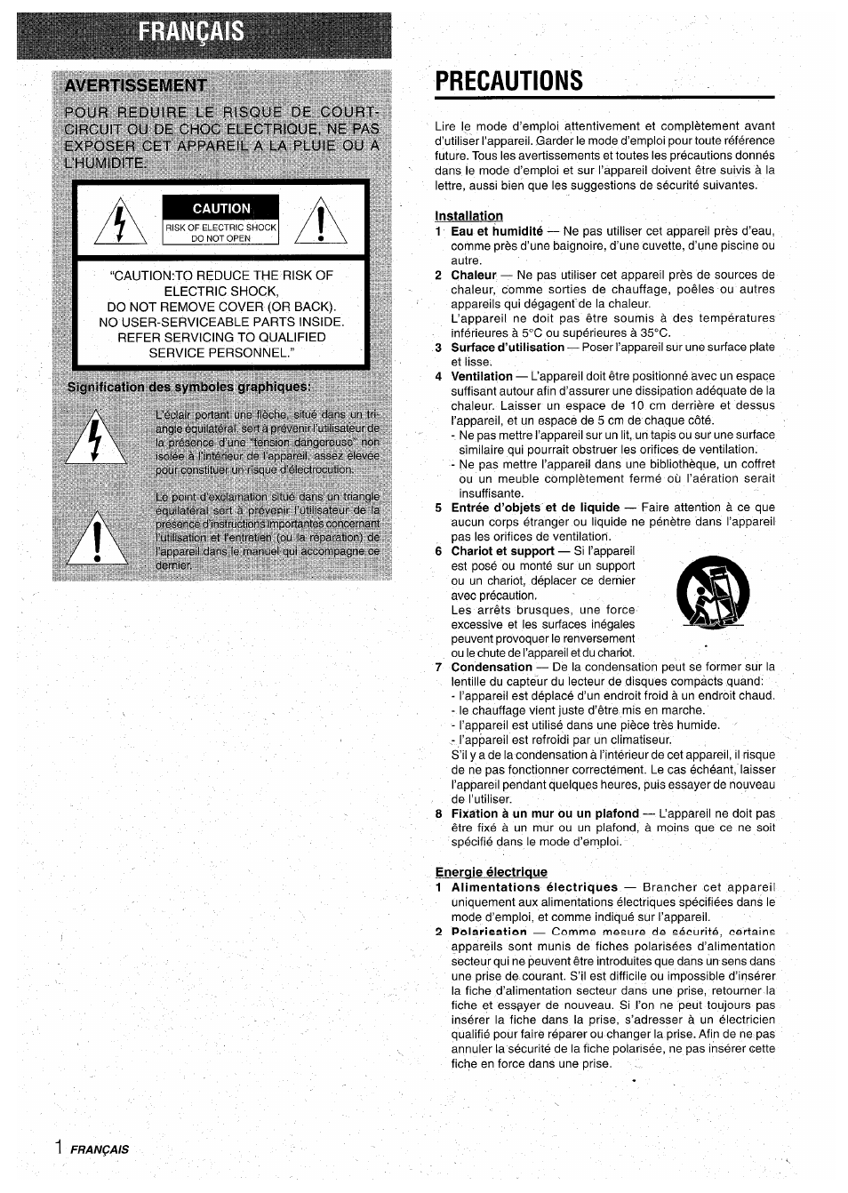 Precautions, Avertissement | Aiwa CX-NA71 User Manual | Page 54 / 80