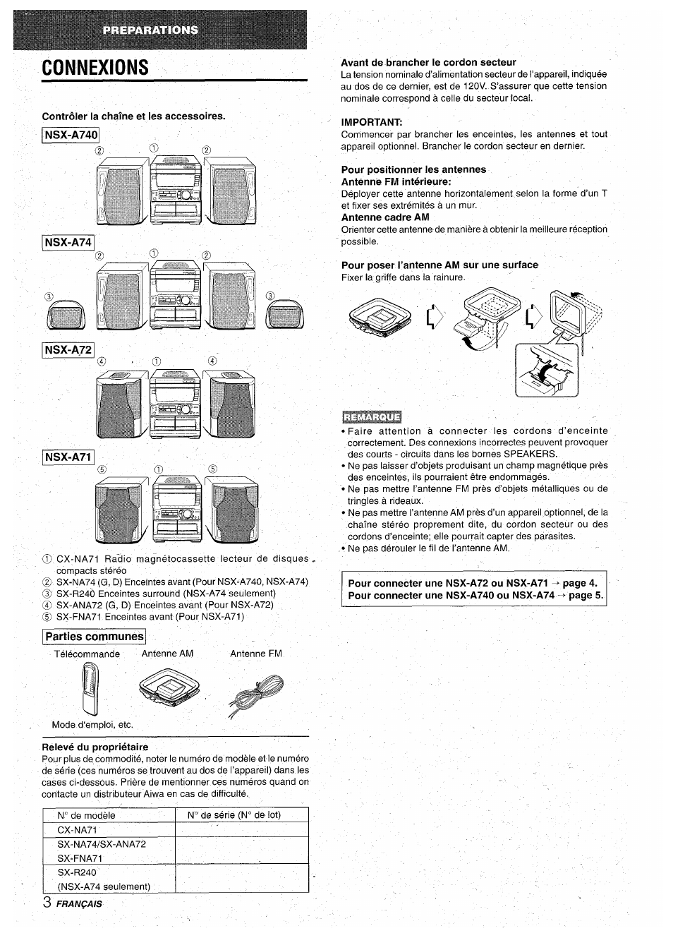 Connexions, Nsx-a74, Nsx-a72 | Parties communes, Relevé du propriétaire, Avant de brancher le cordon secteur, Important, Pour poser l’antenne am sur une surface | Aiwa CX-NA71 User Manual | Page 56 / 80