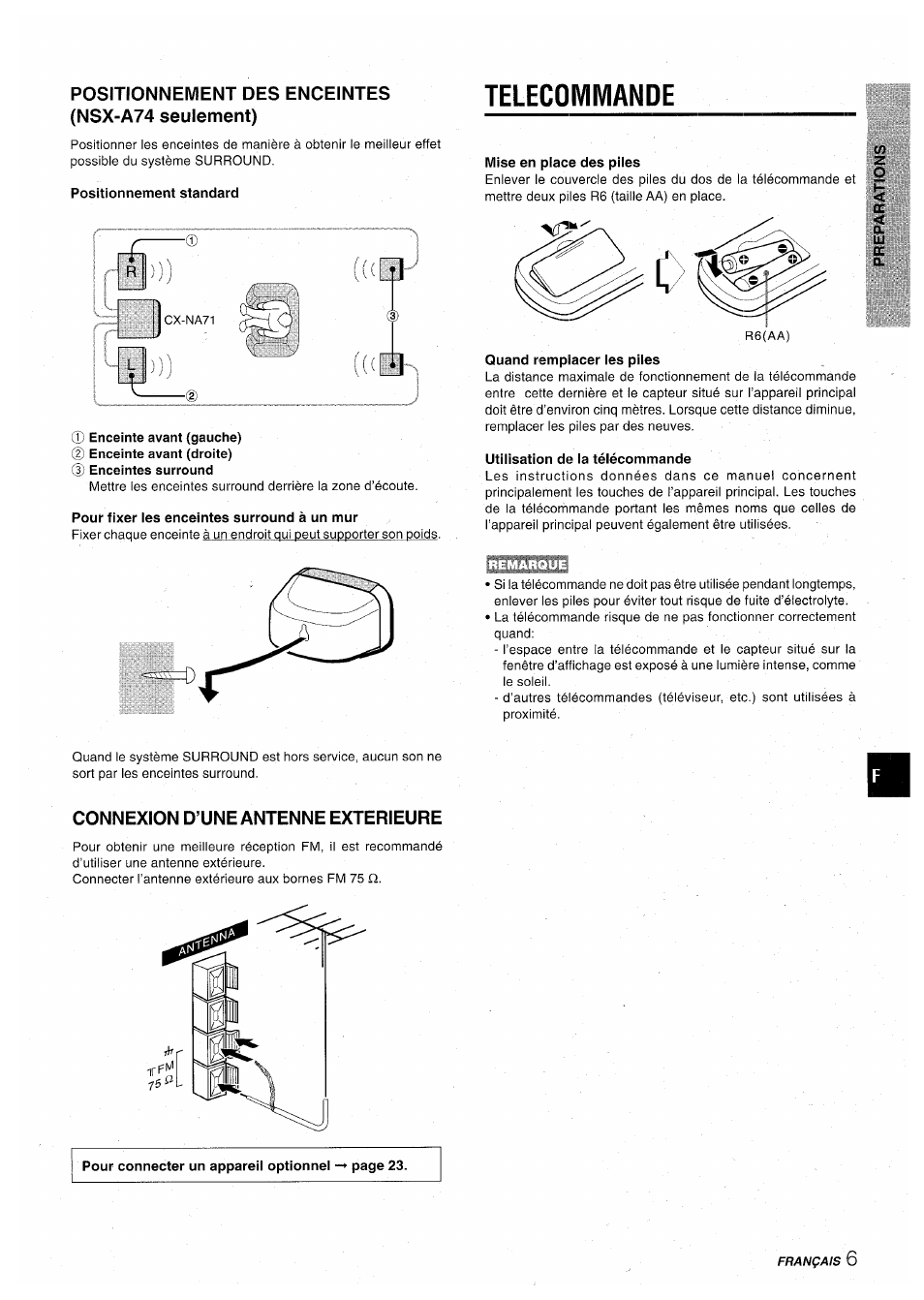 Positionnement des enceintes (nsx-a74 seulement), Telecommande, Connexion d’une antenne exterieure | Aiwa CX-NA71 User Manual | Page 59 / 80