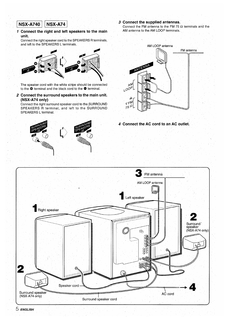 3 connect the supplied antennas, 4 connect the ac cord to an ac outlet | Aiwa CX-NA71 User Manual | Page 6 / 80