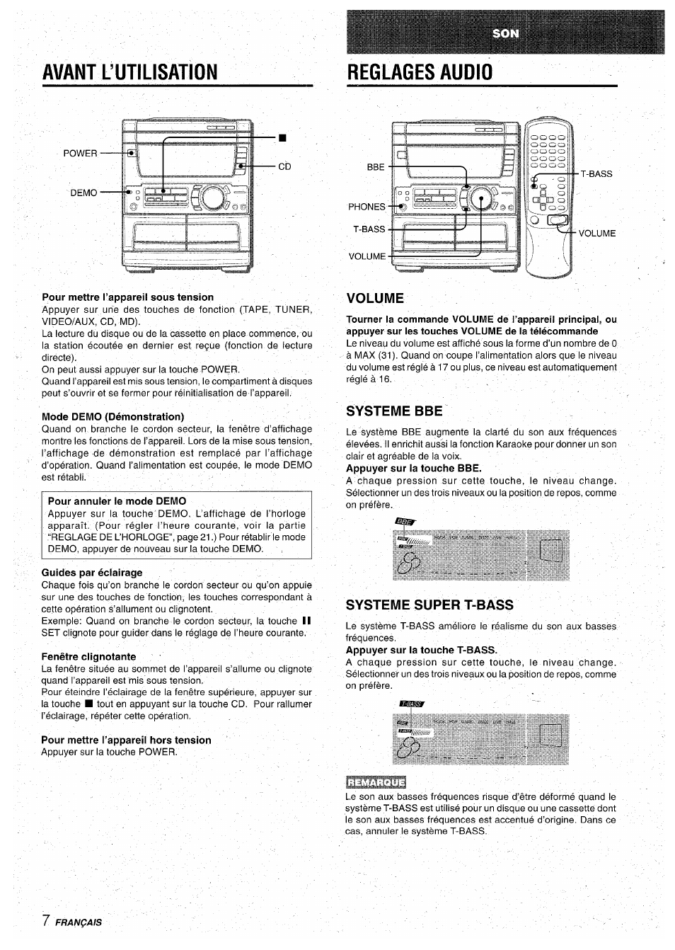 Avant l’utilisation, Volume, Systeme bbe | Systeme super t-bass, Avant l’utilisation reglages audio | Aiwa CX-NA71 User Manual | Page 60 / 80