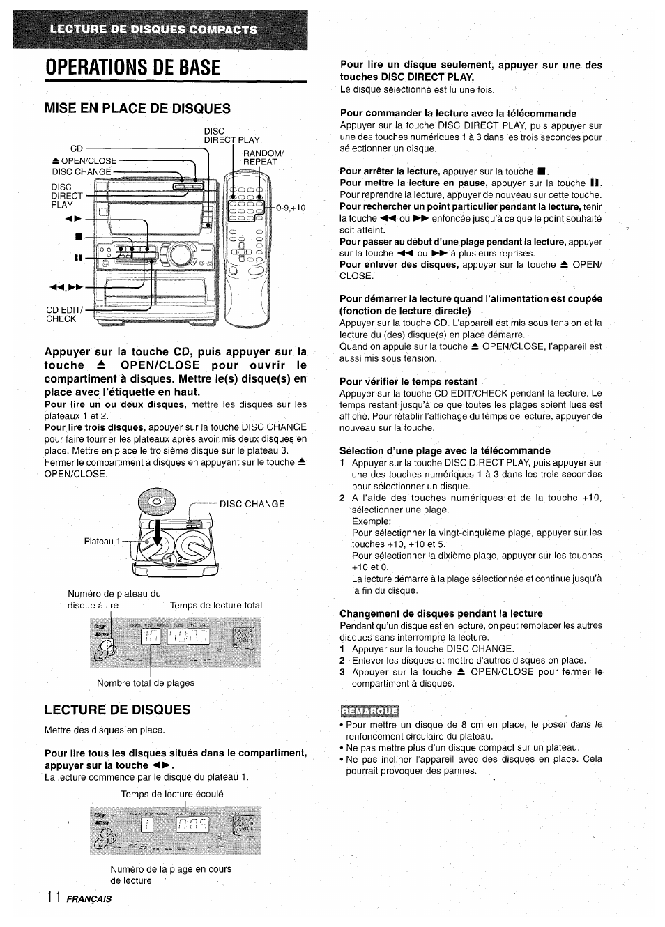 Operations de base, Mise en place oe disques, Lecture de disques | Pour commander la lecture avec la télécommande, Pour vérifier le temps restant, Sélection d’une plage avec la télécommande, Changement de disques pendant la lecture | Aiwa CX-NA71 User Manual | Page 64 / 80