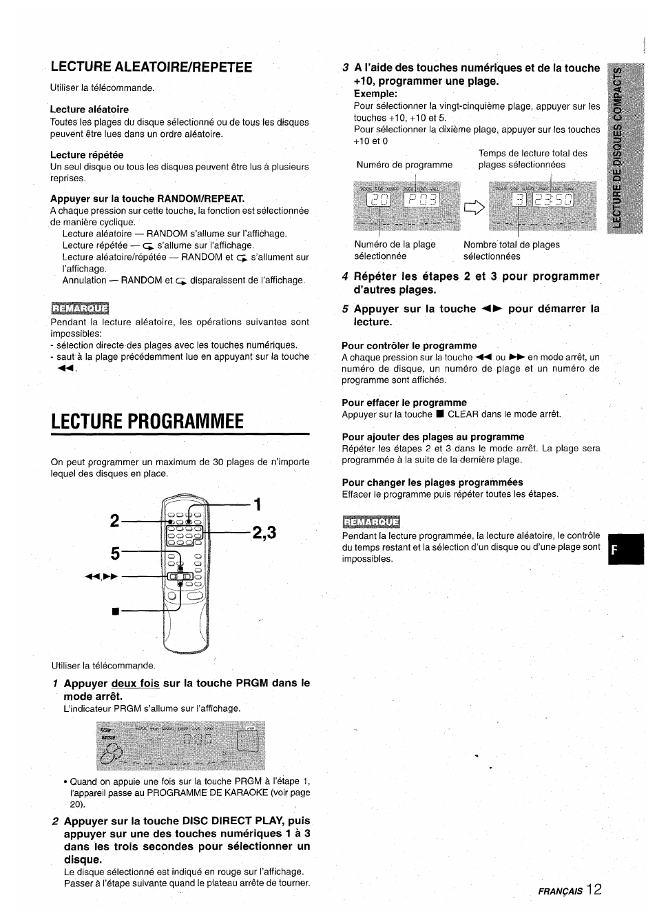 Lecture aleatoire/repetee, Lecture aléatoire, Lecture répétée | Appuyer sur la touche random/repeat, Pour contrôler le programme, Lecture programmee, Pour effacer le programme, Pour ajouter des plages au programme, Pour changer les plages programmées | Aiwa CX-NA71 User Manual | Page 65 / 80