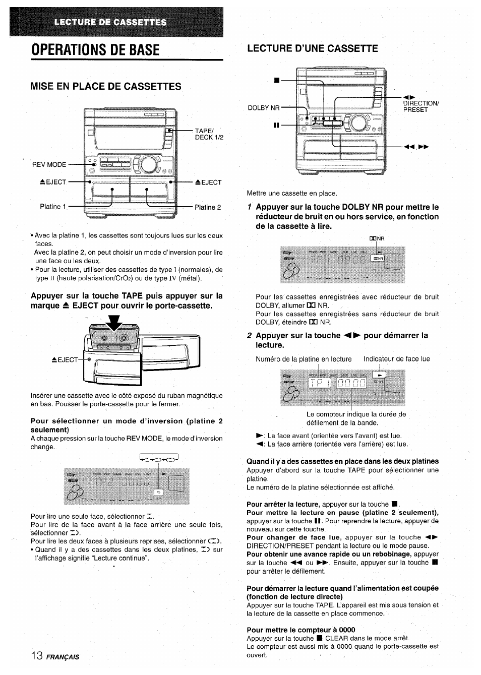 Operations oe base, Lecture d’une cassette, Mise en place de cassettes | 2 appuyer sur la touche pour démarrer la lecture, Operations de base, Lecture d’une cassette mise en place de cassettes | Aiwa CX-NA71 User Manual | Page 66 / 80