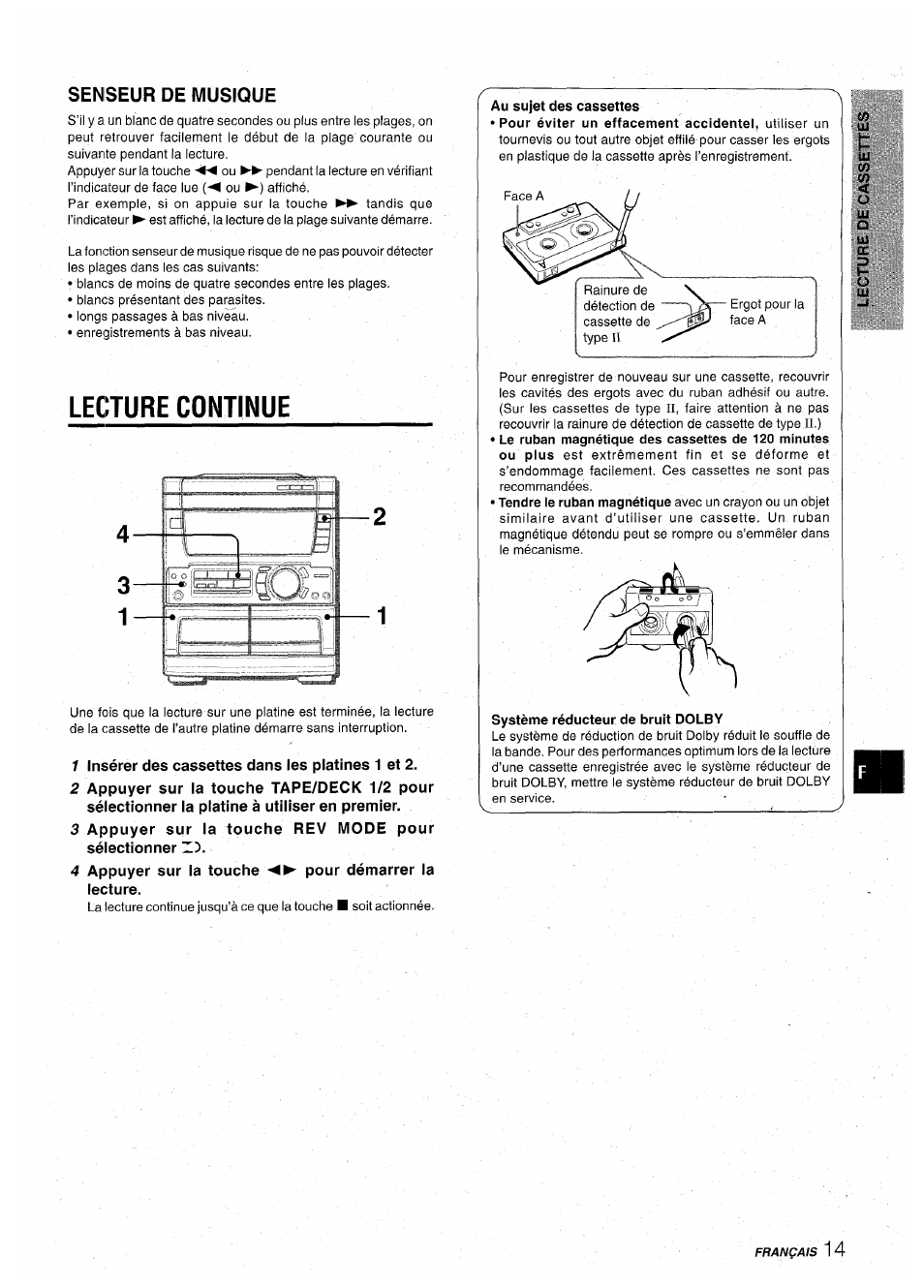 Seniseur de musique, Lecture continue, 1 insérer des cassettes dans les platines 1 et 2 | 4 appuyer sur ia touche pour démarrer la lecture | Aiwa CX-NA71 User Manual | Page 67 / 80