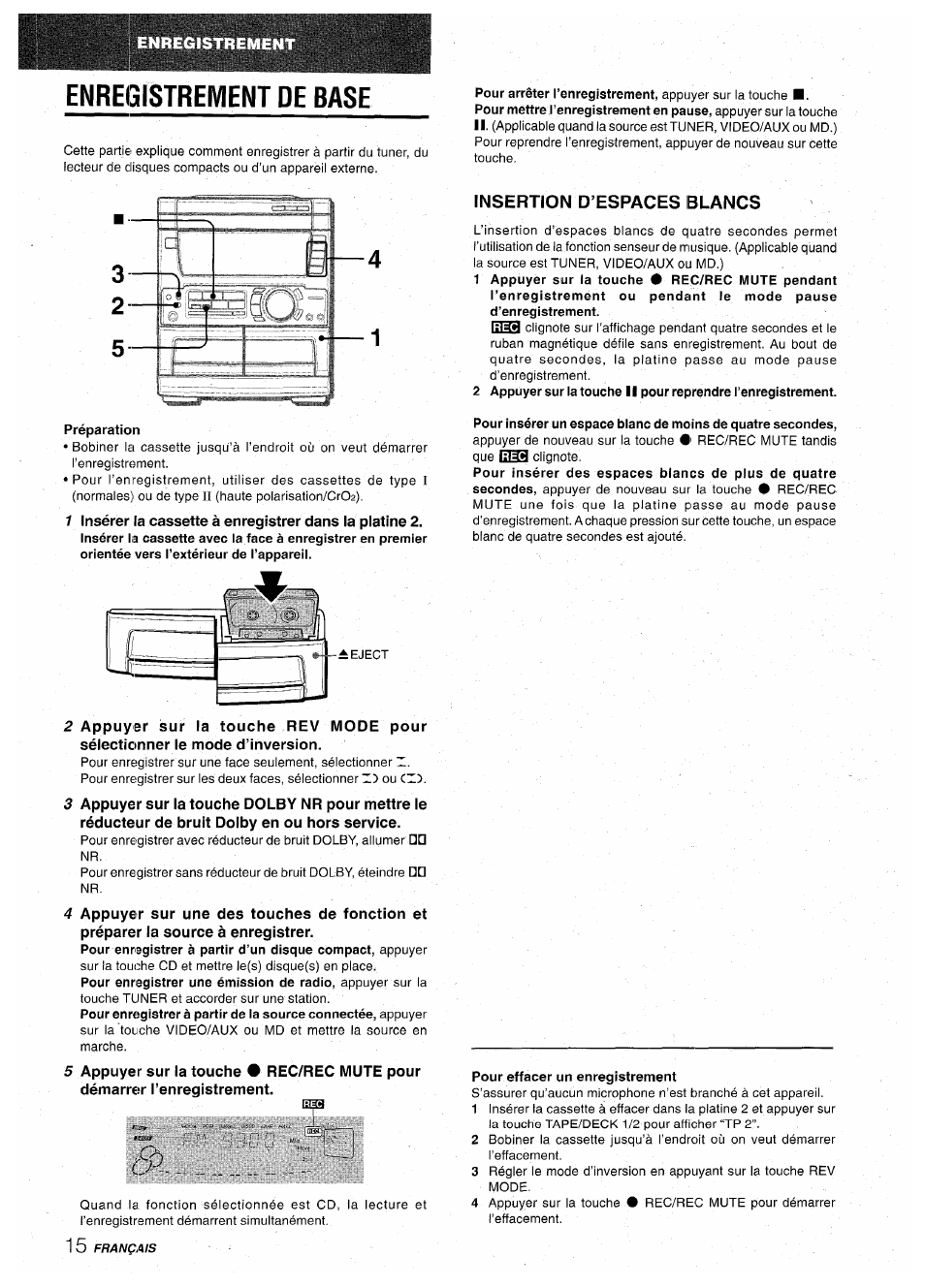 Enregistrement de base, Insertion d’espaces blancs | Aiwa CX-NA71 User Manual | Page 68 / 80
