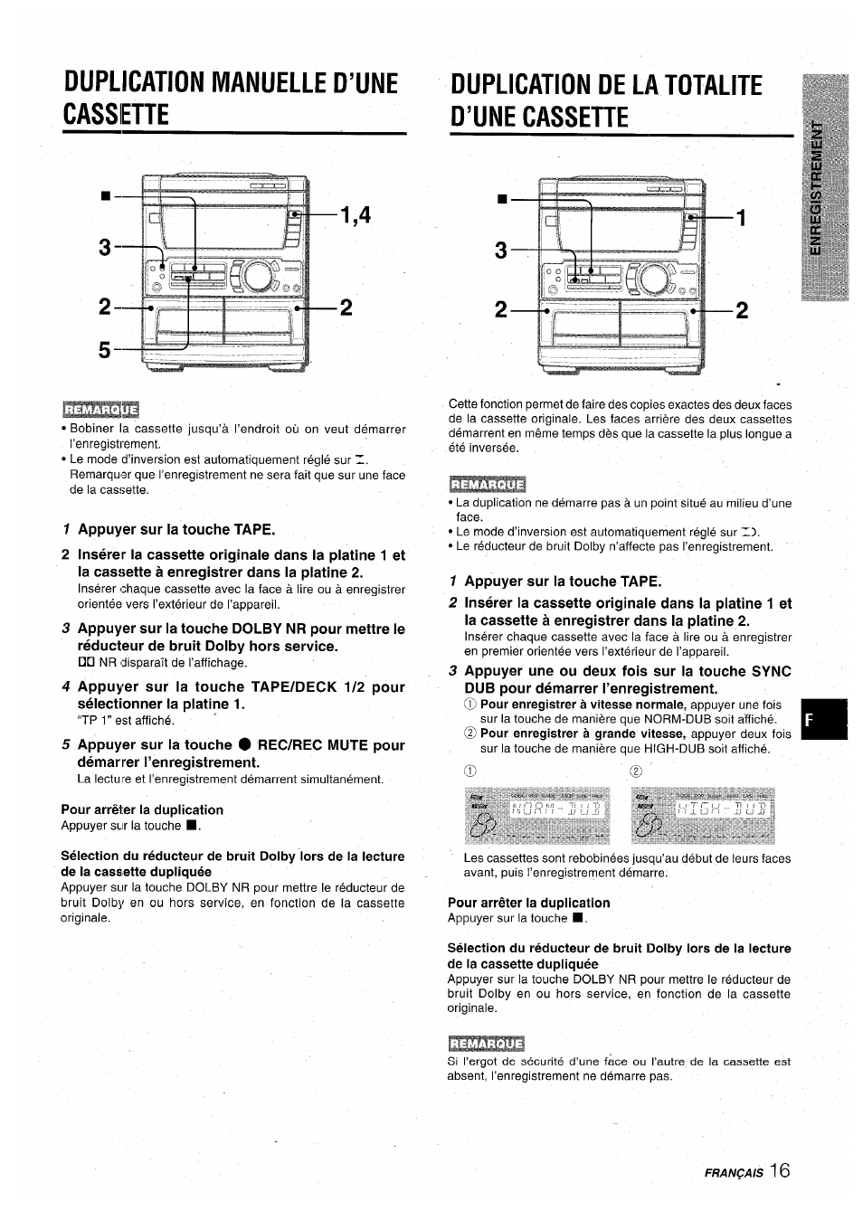 Duplication manuelle d’une cassehe, Duplication de la totalite d’une cassehe, Duplication manuelle d’une cassette | Aiwa CX-NA71 User Manual | Page 69 / 80