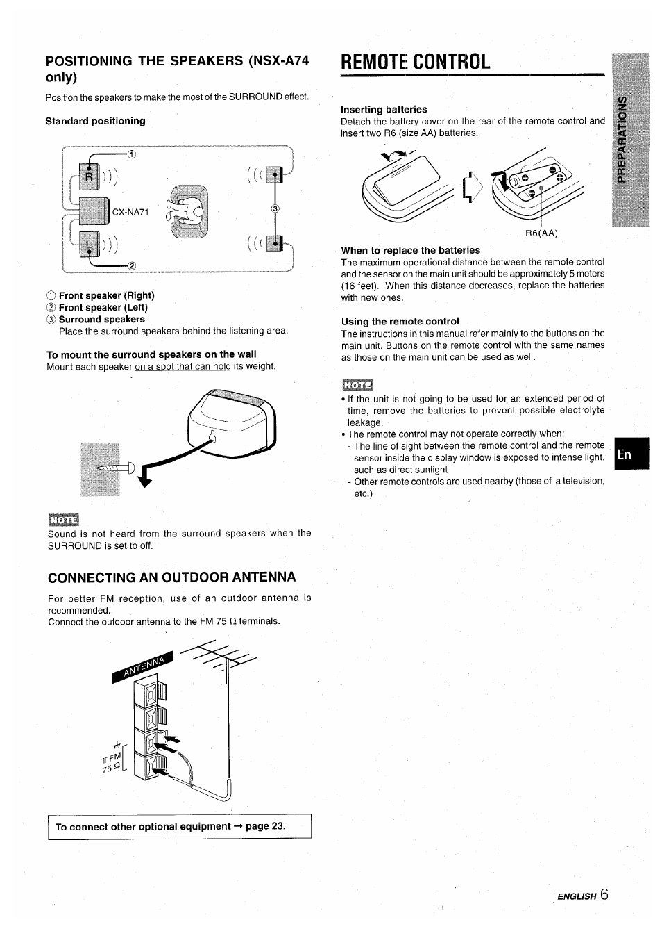 Positioning the speakers (nsx-a74 only), Standard positioning, Remote control | Front speaker (right), Front speaker (left), Surround speakers, To mount the surround speakers on the wall, Inserting batteries, When to replace the batteries, Using the remote control | Aiwa CX-NA71 User Manual | Page 7 / 80