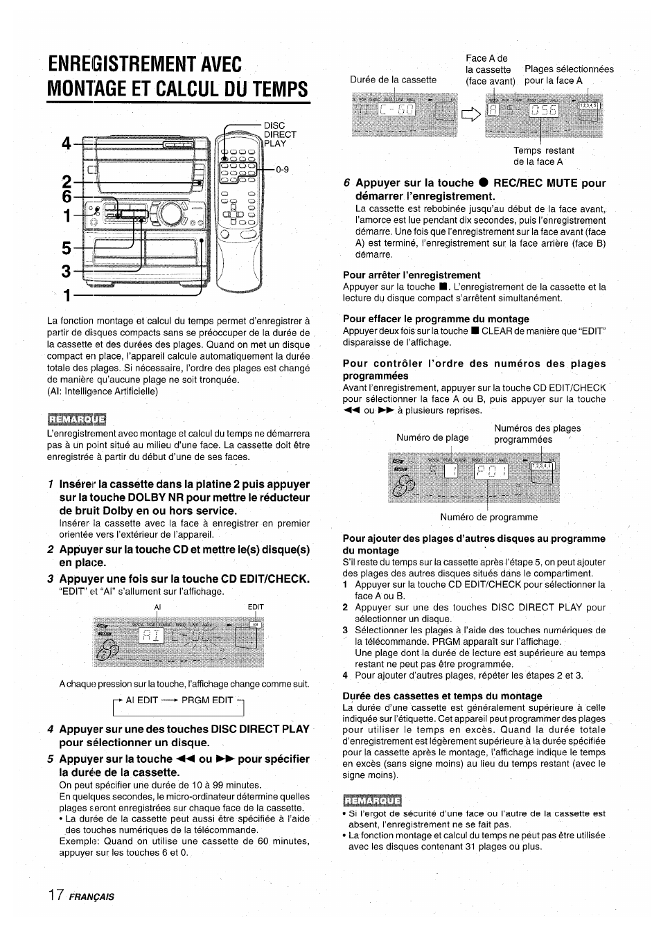 Enregistrement avec montage et calcul du temps, Pour arrêter l’enregistrement, Pour effacer le programme du montage | Durée des cassettes et temps du montage | Aiwa CX-NA71 User Manual | Page 70 / 80