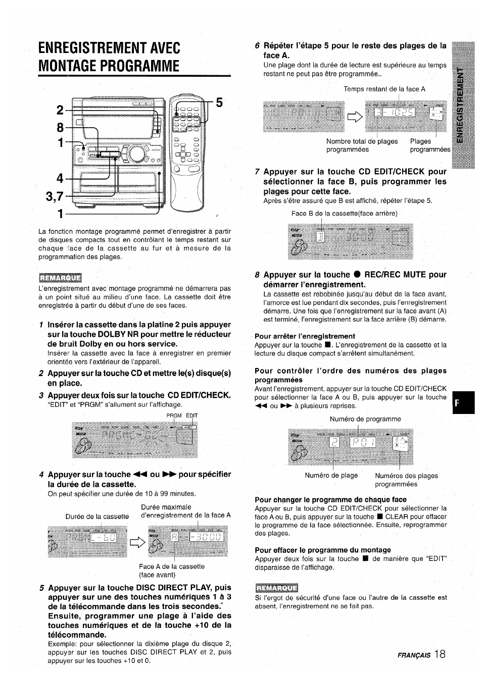 Enregistrement avec montage programme, Pour changer le programme de chaque face, Pour effacer le programme du montage | Aiwa CX-NA71 User Manual | Page 71 / 80