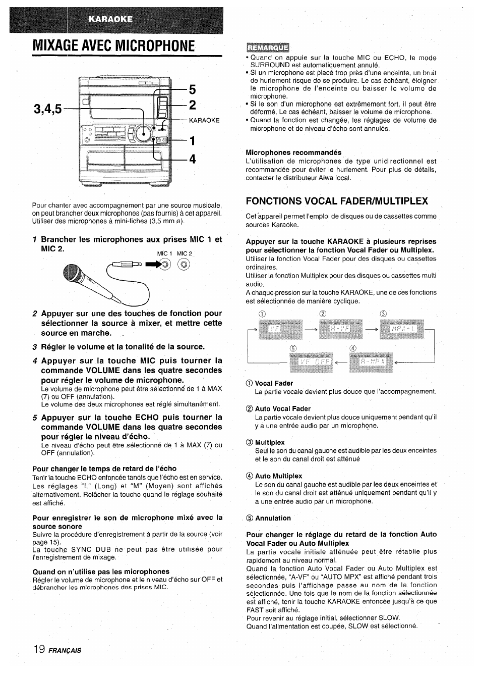 Mixace avec microphone, Pour changer le temps de retard de l’écho, Quand on n’utilise pas les microphones | Microphones recommandés, Fonctions vocal fader/multiplex, Vocal fader, D multiplex, 0 auto multiplex, Annulation | Aiwa CX-NA71 User Manual | Page 72 / 80