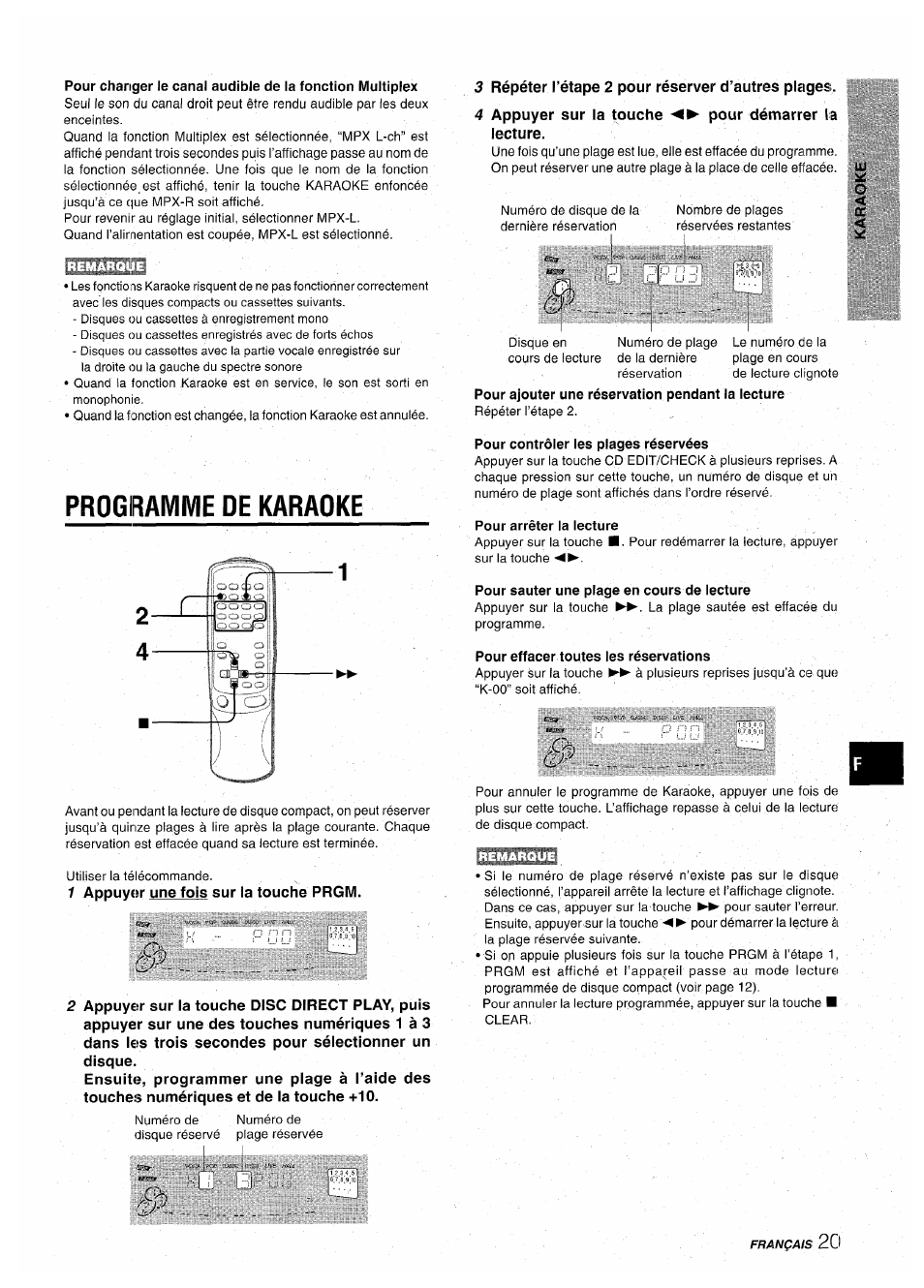 Programme de karaoke, Pour contrôler les plages réservées, Pour arrêter la lecture | Pour sauter une plage en cours de lecture, Pour effacer toutes les réservations | Aiwa CX-NA71 User Manual | Page 73 / 80