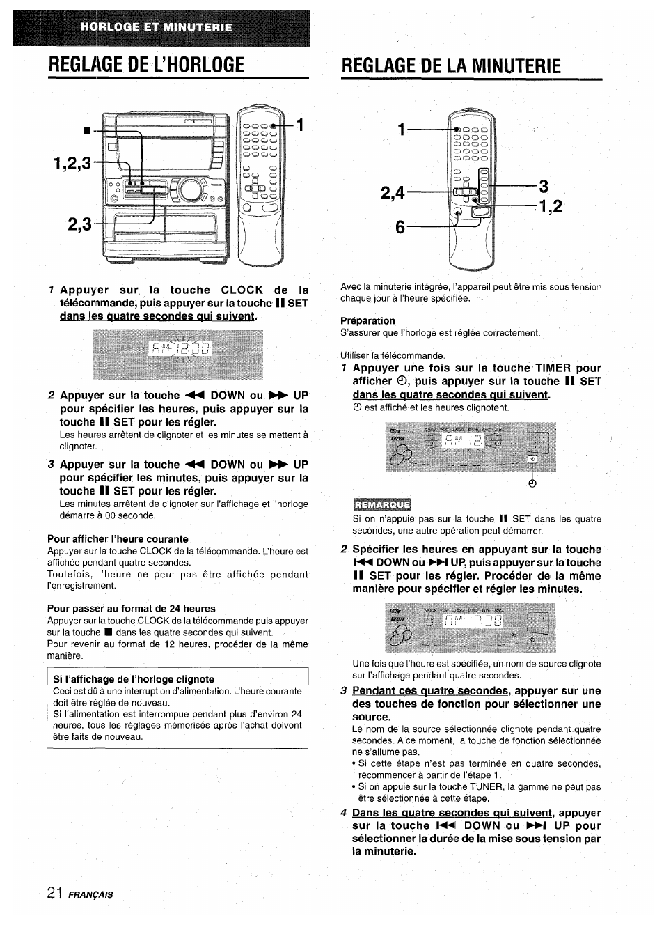 Reglage de l’horloge, Reglage de la minuterie, Pour afficher l’heure courante | Pour passer au format de 24 heures, Préparation | Aiwa CX-NA71 User Manual | Page 74 / 80