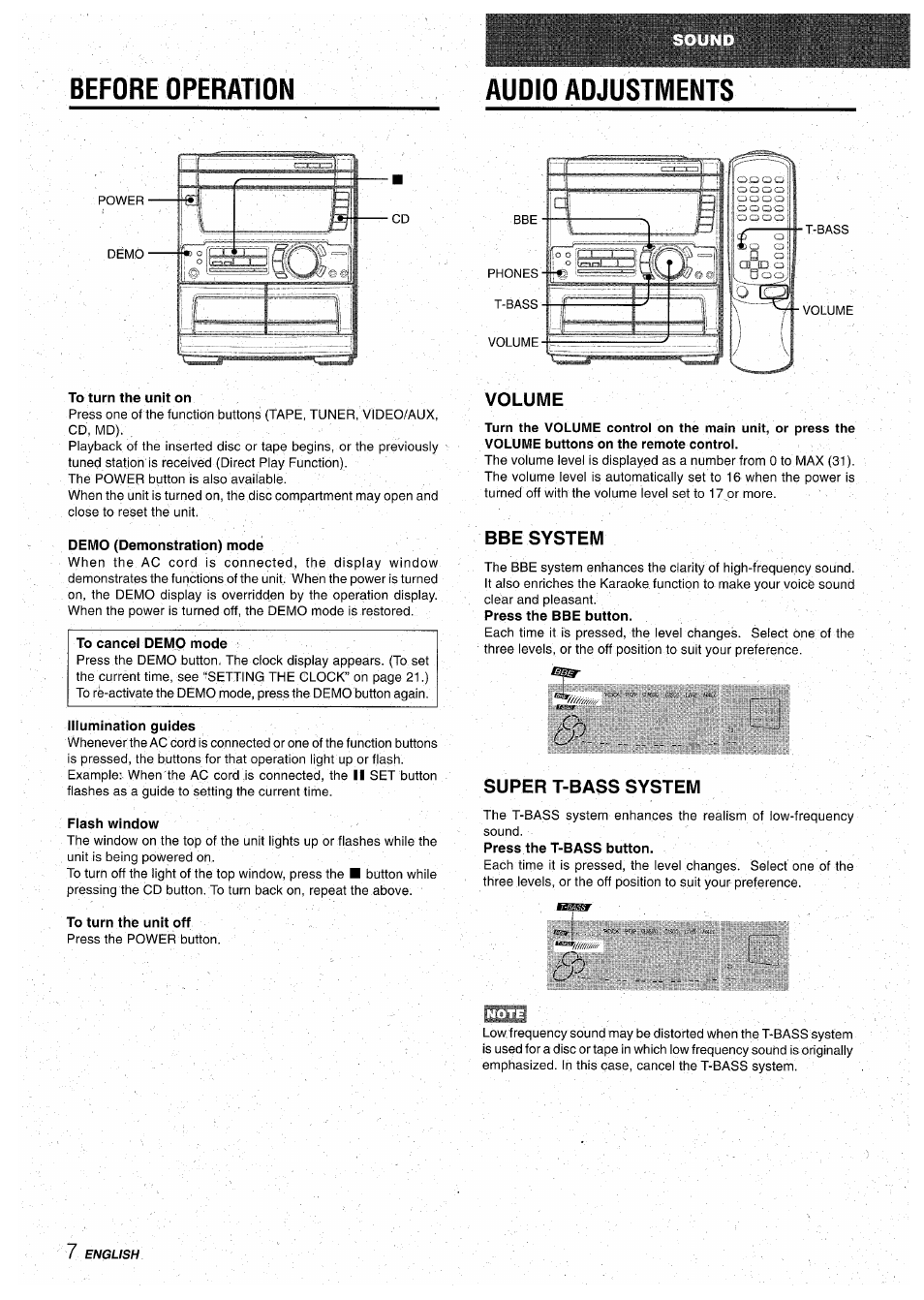 Before operation, Audio adjustments, To turn the unit on | Demo (demonstration) mode, Illumination guides, Flash window, To turn the unit off, Volume, Bbe system, Press the bbe button | Aiwa CX-NA71 User Manual | Page 8 / 80