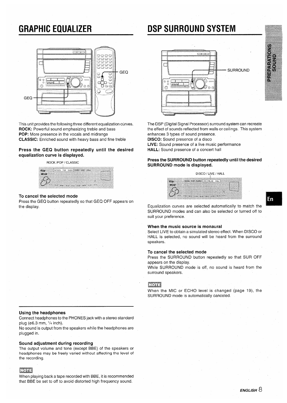 Dsp surround system, To cancei the seiected mode, Using the headphones | Sound adjustment during recording, When the music source is monaural, To cancel the selected mode, Graphic equalizer dsp surround system | Aiwa CX-NA71 User Manual | Page 9 / 80