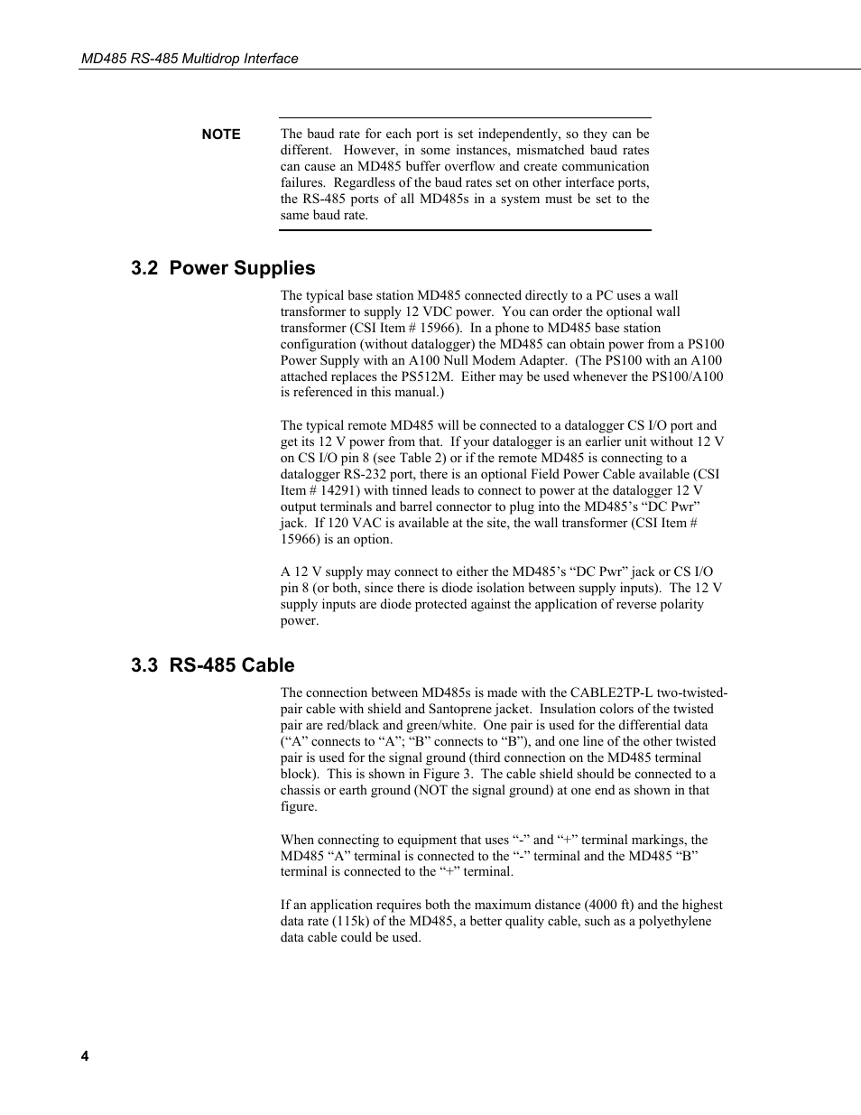 2 power supplies, 3 rs-485 cable | Campbell Scientific MD485 RS-485 Multidrop Interface User Manual | Page 10 / 68