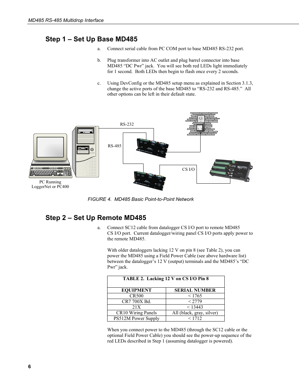 Step 1 – set up base md485, Step 2 – set up remote md485 | Campbell Scientific MD485 RS-485 Multidrop Interface User Manual | Page 12 / 68