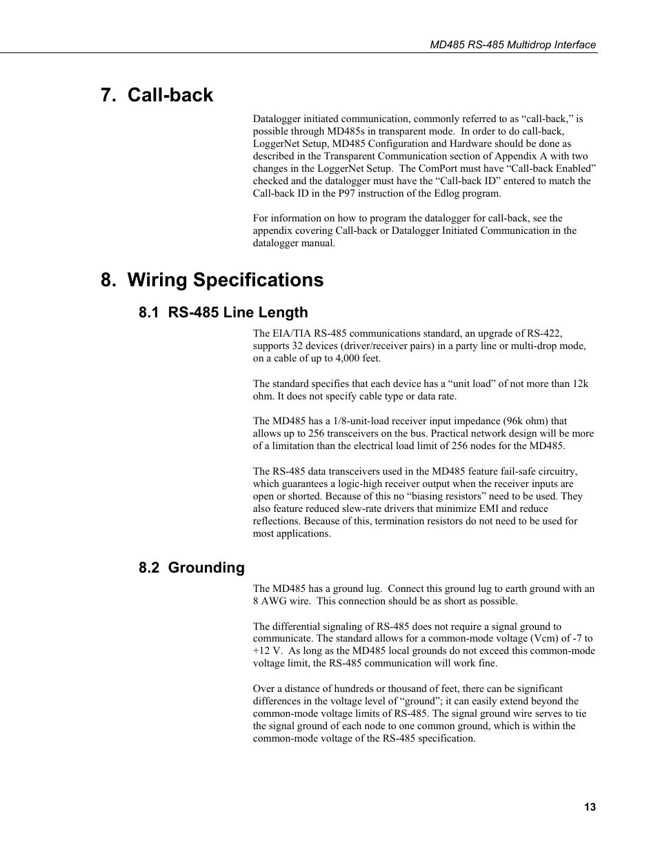 Call-back, Wiring specifications, 1 rs-485 line length | 2 grounding | Campbell Scientific MD485 RS-485 Multidrop Interface User Manual | Page 19 / 68