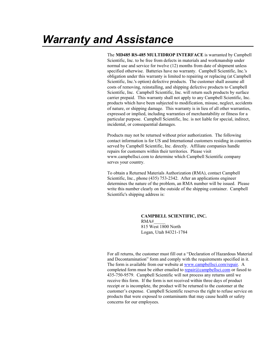 Warranty and assistance | Campbell Scientific MD485 RS-485 Multidrop Interface User Manual | Page 2 / 68
