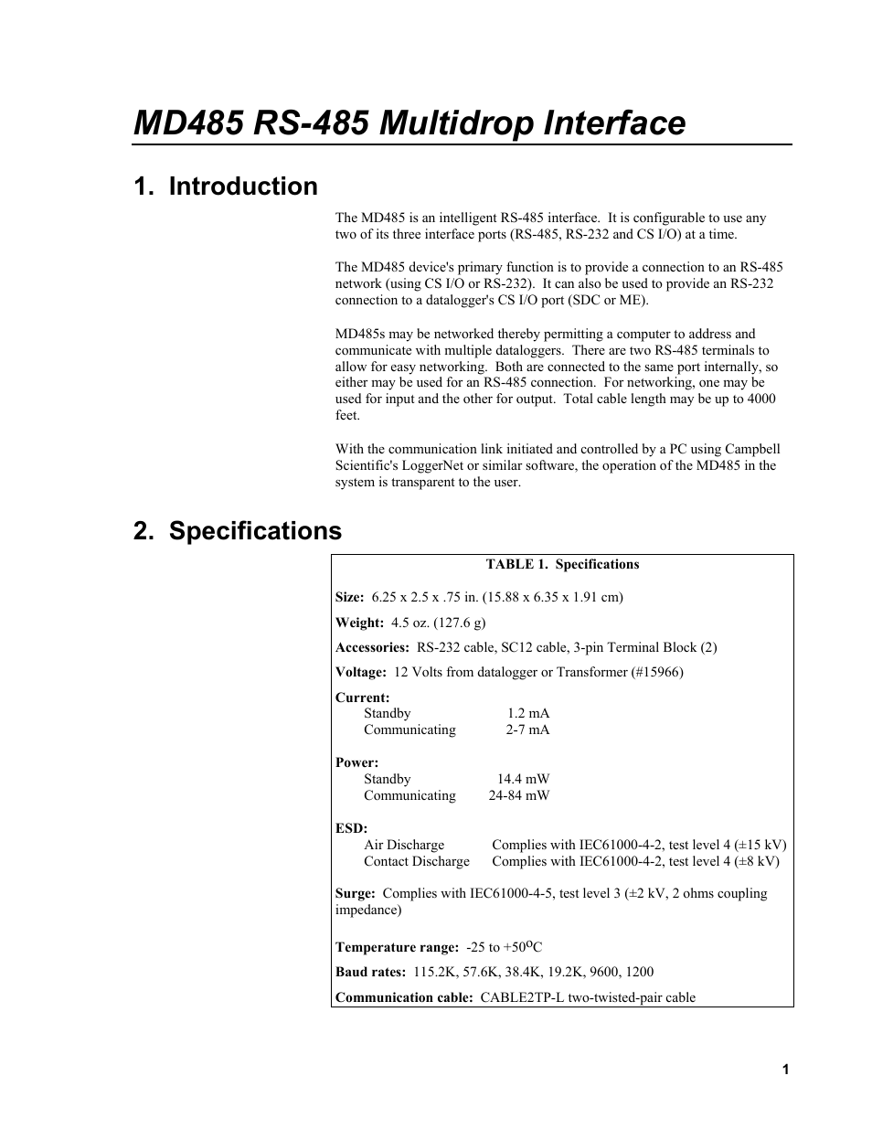 Md485 rs-485 multidrop interface, Introduction, Specifications | Campbell Scientific MD485 RS-485 Multidrop Interface User Manual | Page 7 / 68