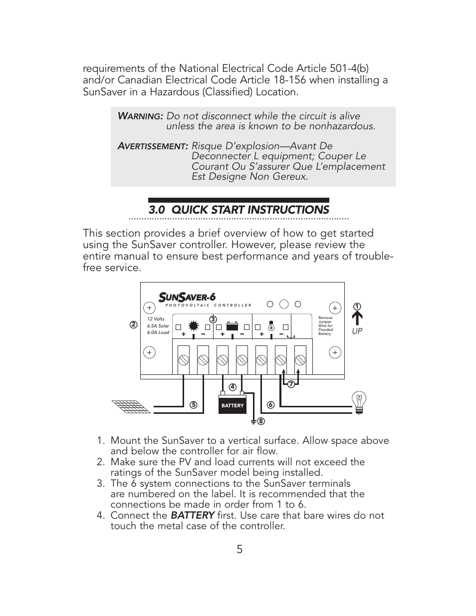 0 quick start instructions | Campbell Scientific Morningstar SunSaver-10 10A 12V Regulator User Manual | Page 5 / 16