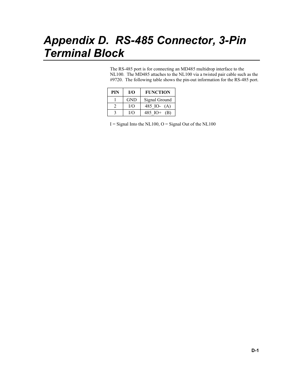 Appendix d. rs-485 connector, 3-pin terminal block | Campbell Scientific NL100 Network Link Interface User Manual | Page 37 / 42