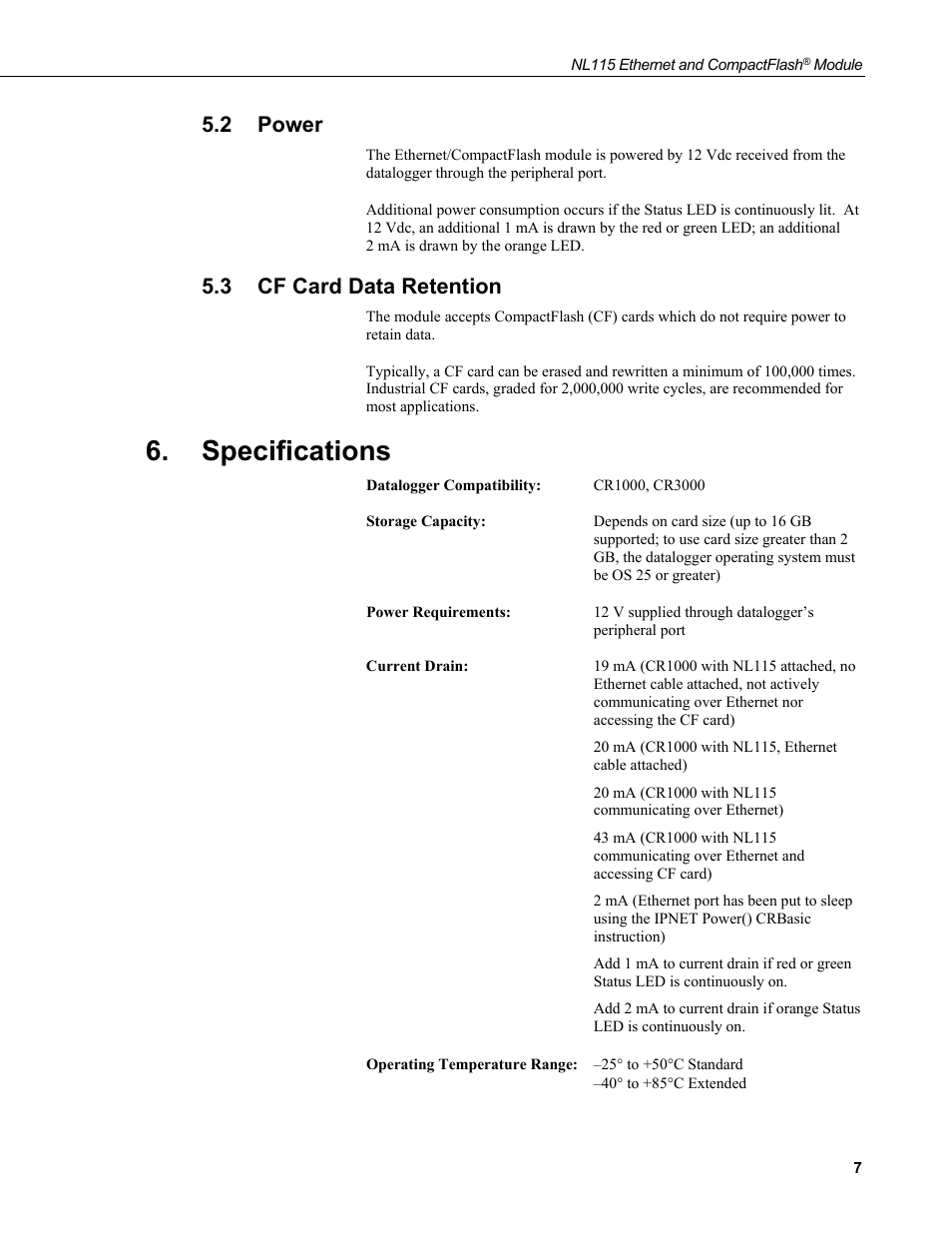2 power, 3 cf card data retention, Specifications | Power, Cf card data retention | Campbell Scientific NL115 Ethernet Interface and CompactFlash Module User Manual | Page 13 / 38