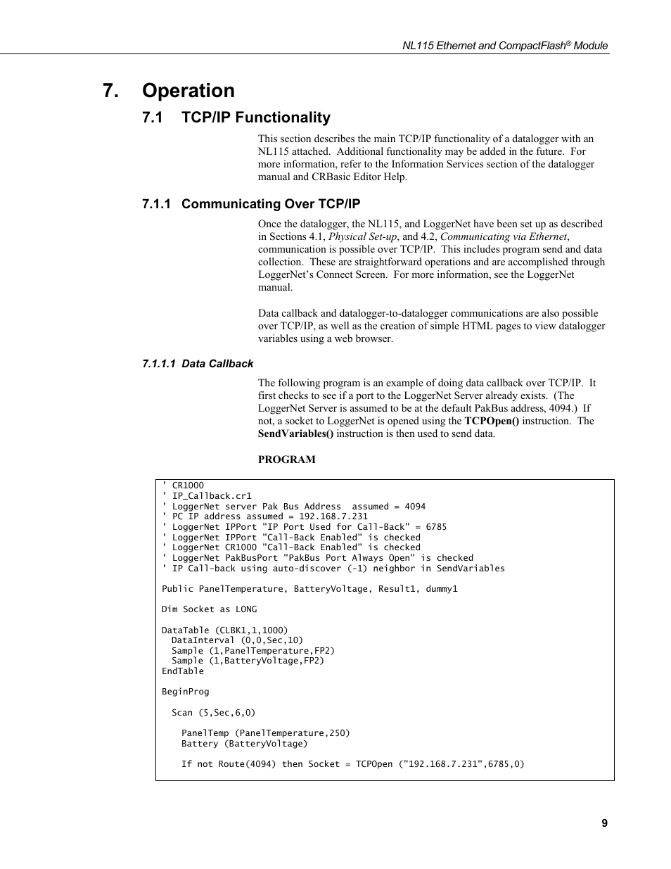 Operation, 1 tcp/ip functionality, 1 communicating over tcp/ip | 1 data callback, Tcp/ip functionality, Communicating over tcp/ip, Data callback | Campbell Scientific NL115 Ethernet Interface and CompactFlash Module User Manual | Page 15 / 38