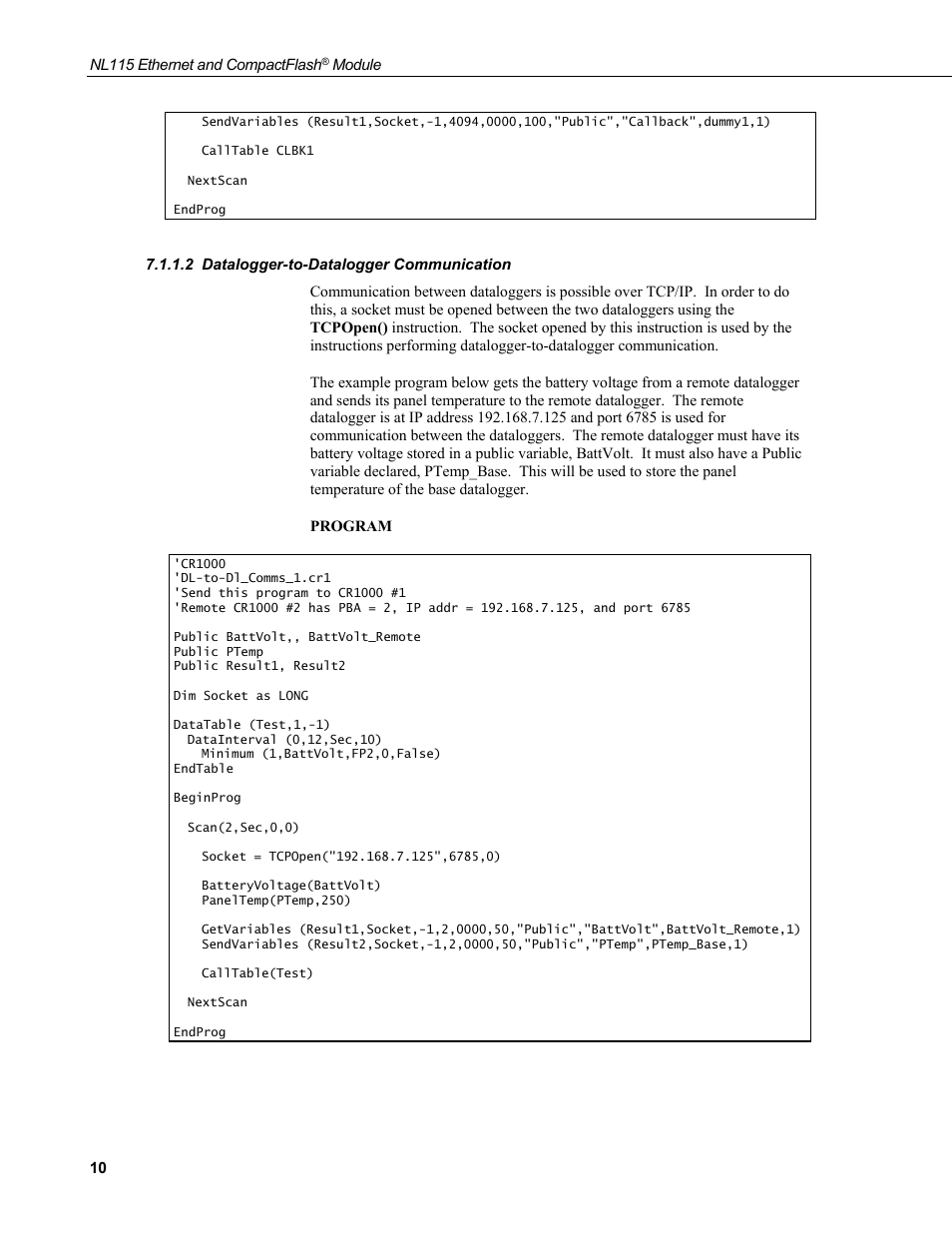 2 datalogger-to-datalogger communication, Datalogger-to-datalogger communication | Campbell Scientific NL115 Ethernet Interface and CompactFlash Module User Manual | Page 16 / 38