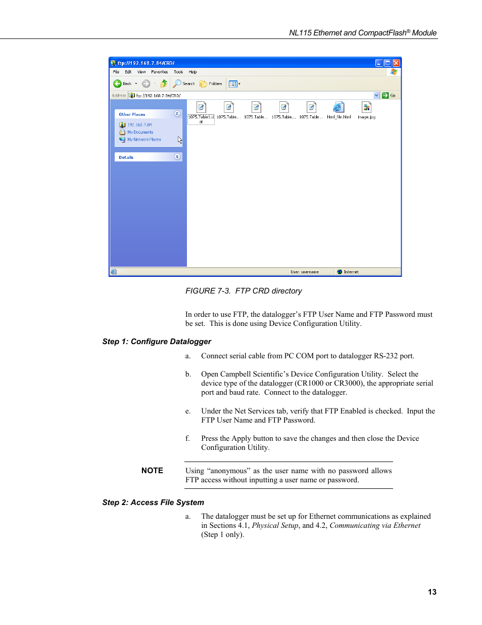 Step 1: configure datalogger, Step 2: access file system, 3. ftp crd directory | Campbell Scientific NL115 Ethernet Interface and CompactFlash Module User Manual | Page 19 / 38