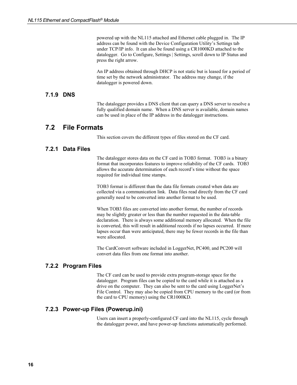 9 dns, 2 file formats, 1 data files | 2 program files, 3 power-up files (powerup.ini), File formats, Data files, Program files, Power-up files (powerup.ini) | Campbell Scientific NL115 Ethernet Interface and CompactFlash Module User Manual | Page 22 / 38