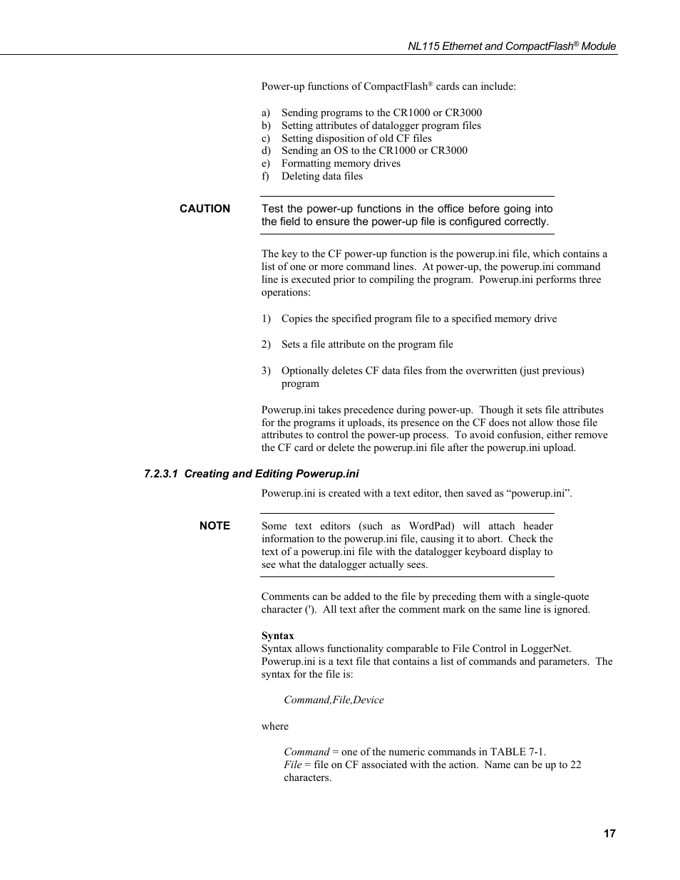 1 creating and editing powerup.ini, Creating and editing powerup.ini | Campbell Scientific NL115 Ethernet Interface and CompactFlash Module User Manual | Page 23 / 38