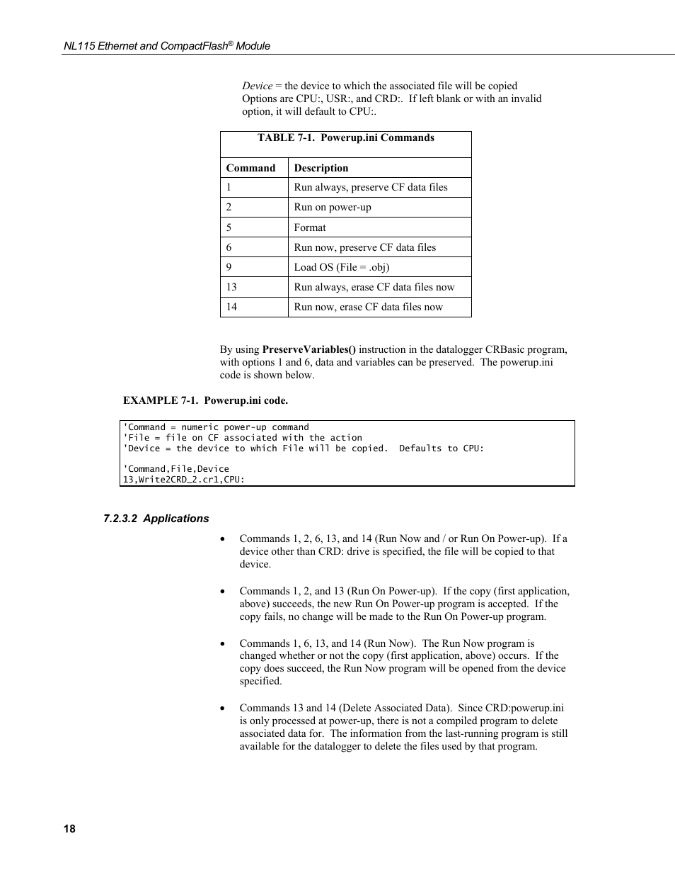 2 applications, Applications, 1. powerup.ini commands | Campbell Scientific NL115 Ethernet Interface and CompactFlash Module User Manual | Page 24 / 38