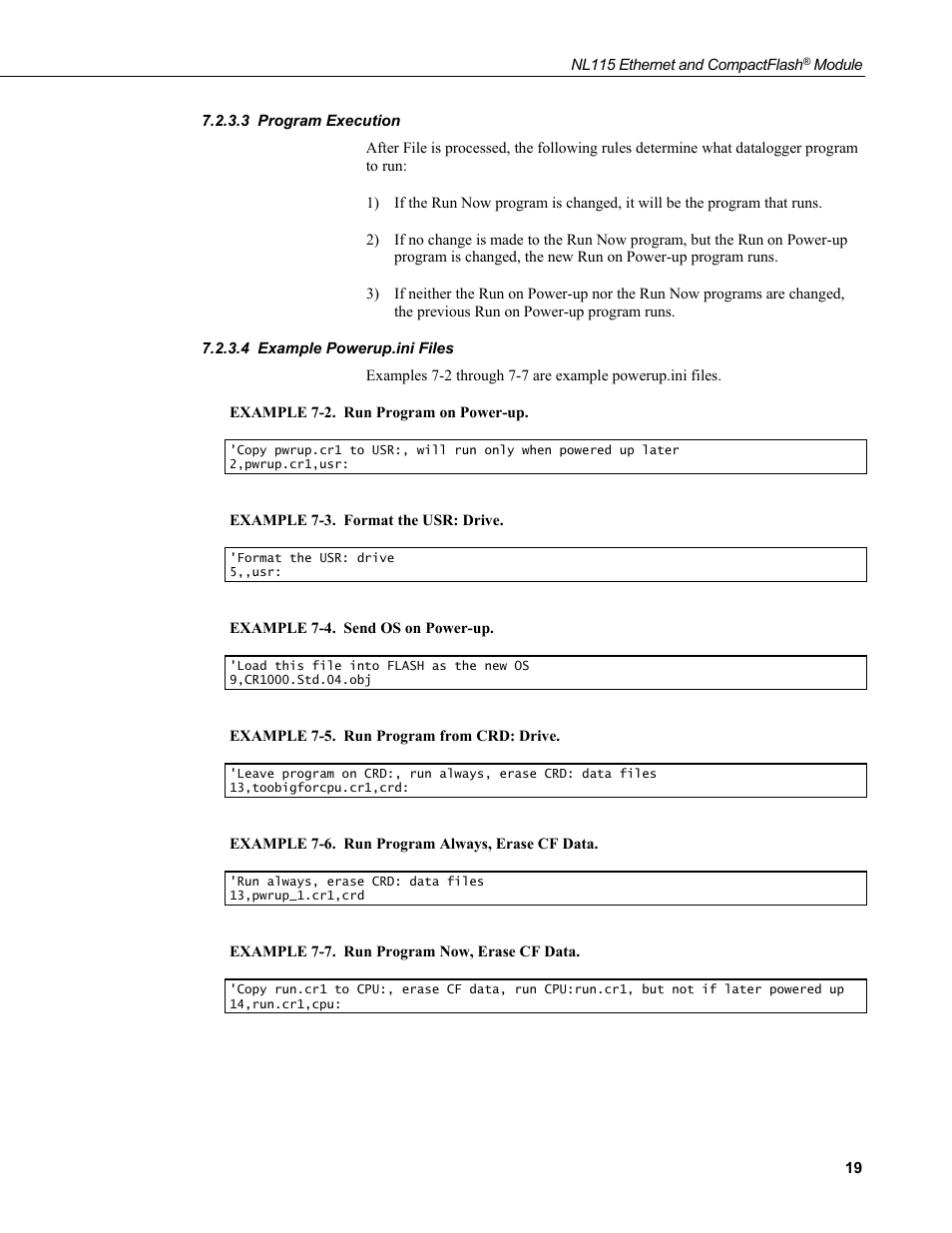 3 program execution, 4 example powerup.ini files, Program execution | Example powerup.ini files | Campbell Scientific NL115 Ethernet Interface and CompactFlash Module User Manual | Page 25 / 38
