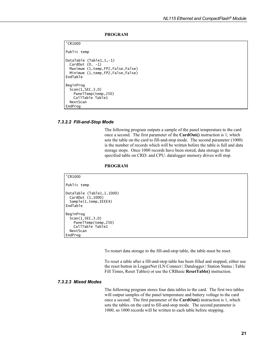 2 fill-and-stop mode, 3 mixed modes, Fill-and-stop mode | Mixed modes | Campbell Scientific NL115 Ethernet Interface and CompactFlash Module User Manual | Page 27 / 38
