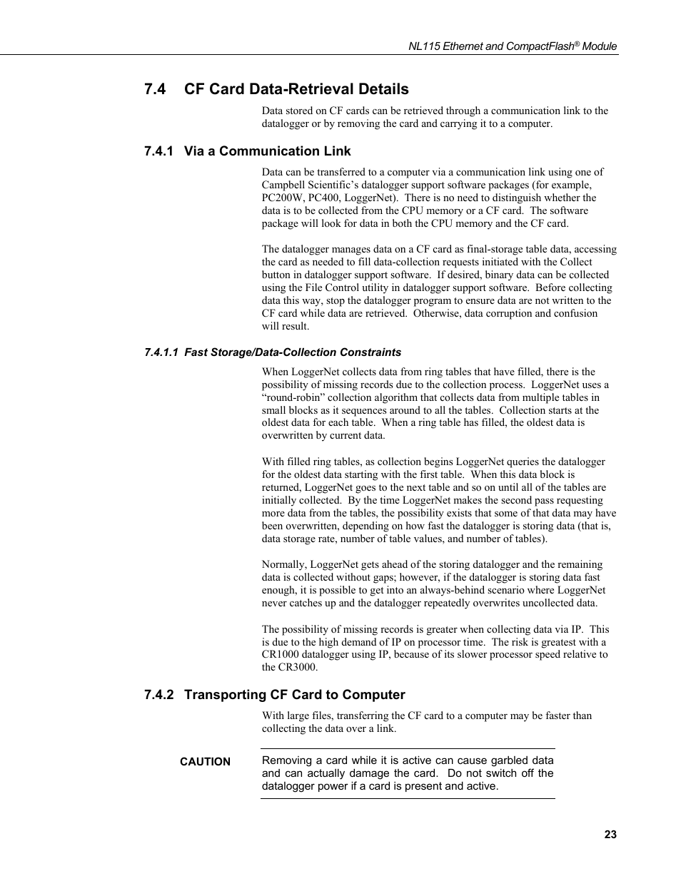 4 cf card data-retrieval details, 1 via a communication link, 1 fast storage/data-collection constraints | 2 transporting cf card to computer, Cf card data-retrieval details, Via a communication link, Fast storage/data-collection constraints, Transporting cf card to computer | Campbell Scientific NL115 Ethernet Interface and CompactFlash Module User Manual | Page 29 / 38