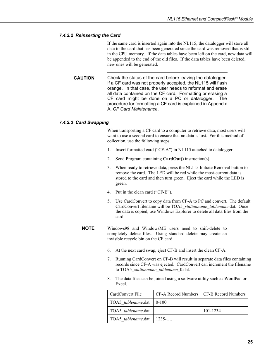 2 reinserting the card, 3 card swapping, Reinserting the card | Card swapping | Campbell Scientific NL115 Ethernet Interface and CompactFlash Module User Manual | Page 31 / 38