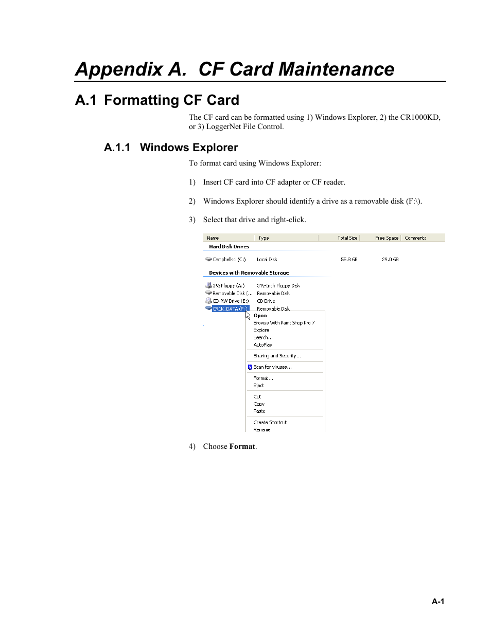 Appendix a. cf card maintenance, A.1 formatting cf card, A.1.1 windows explorer | A.1.1, Ee appendix a | Campbell Scientific NL115 Ethernet Interface and CompactFlash Module User Manual | Page 33 / 38