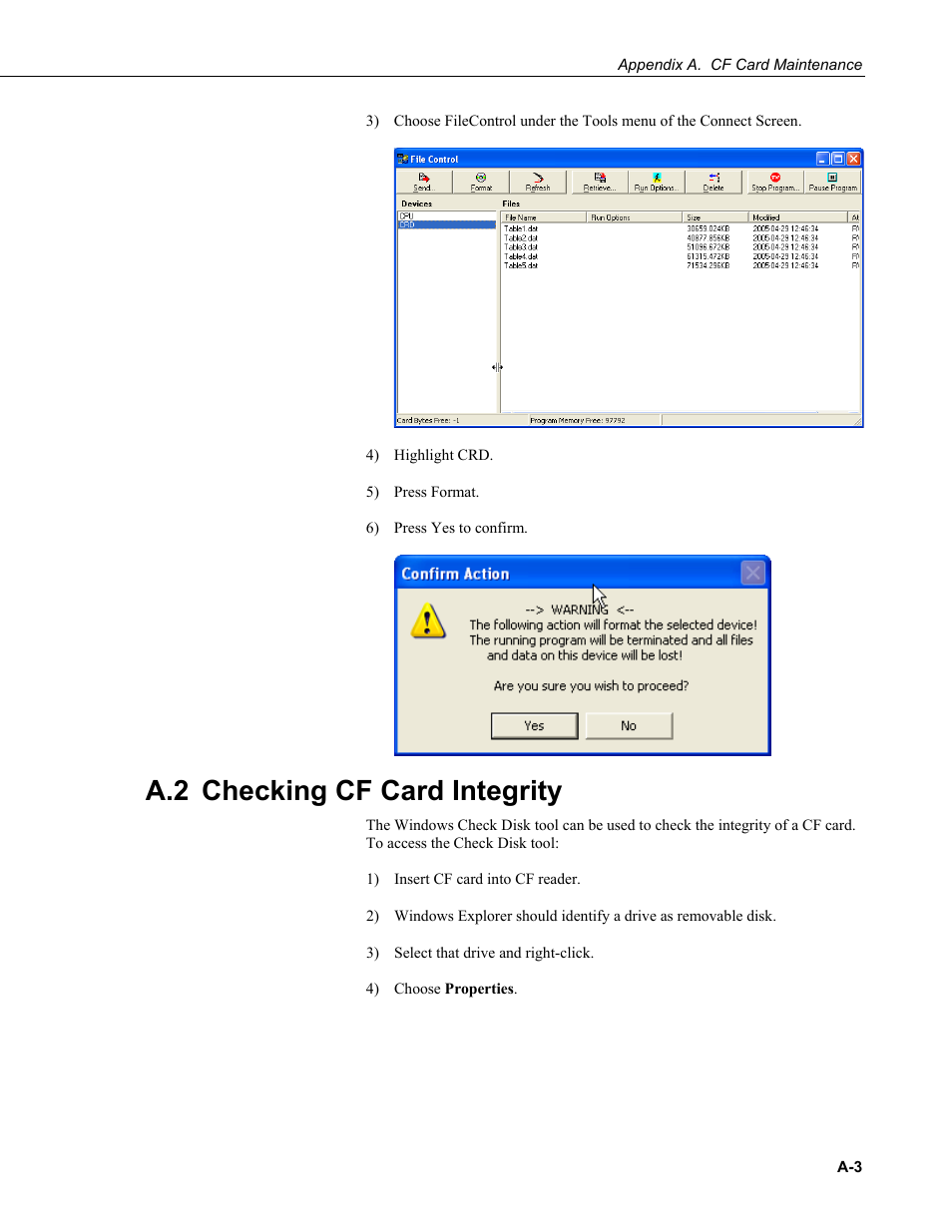 A.2 checking cf card integrity | Campbell Scientific NL115 Ethernet Interface and CompactFlash Module User Manual | Page 35 / 38