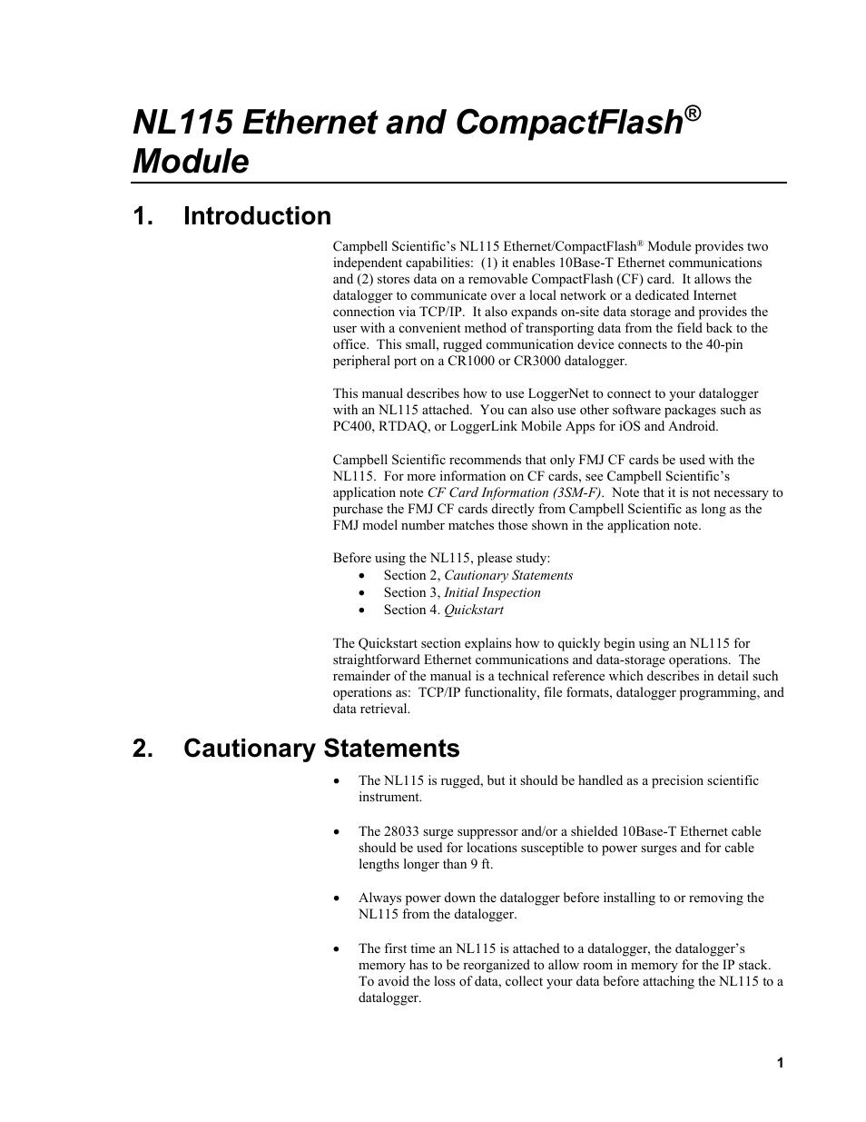 Introduction, Cautionary statements, Nl115 ethernet and compactflash | Module | Campbell Scientific NL115 Ethernet Interface and CompactFlash Module User Manual | Page 7 / 38