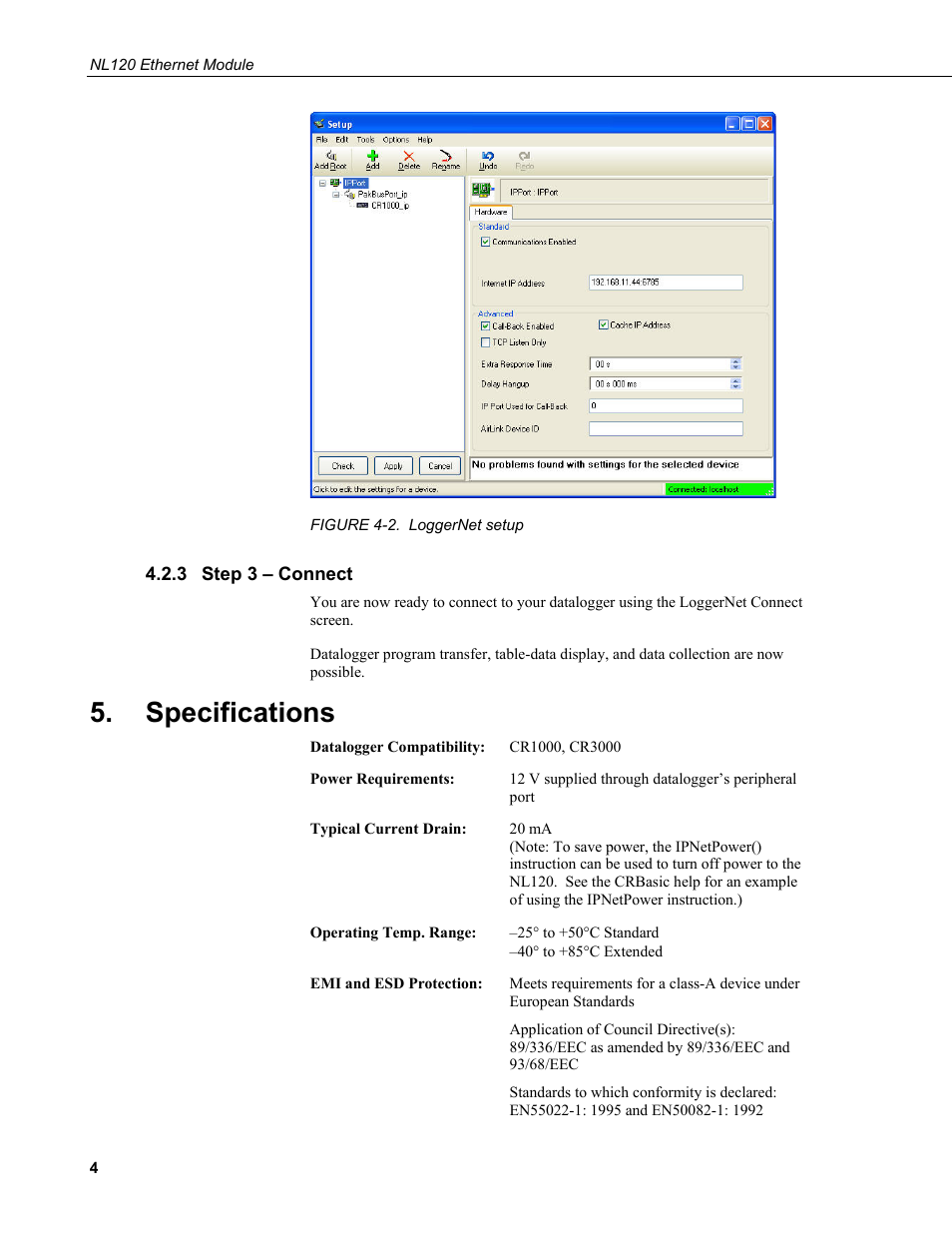 3 step 3 – connect, Specifications, Step 3 – connect | 2. loggernet setup | Campbell Scientific NL120 Ethernet Module User Manual | Page 10 / 20