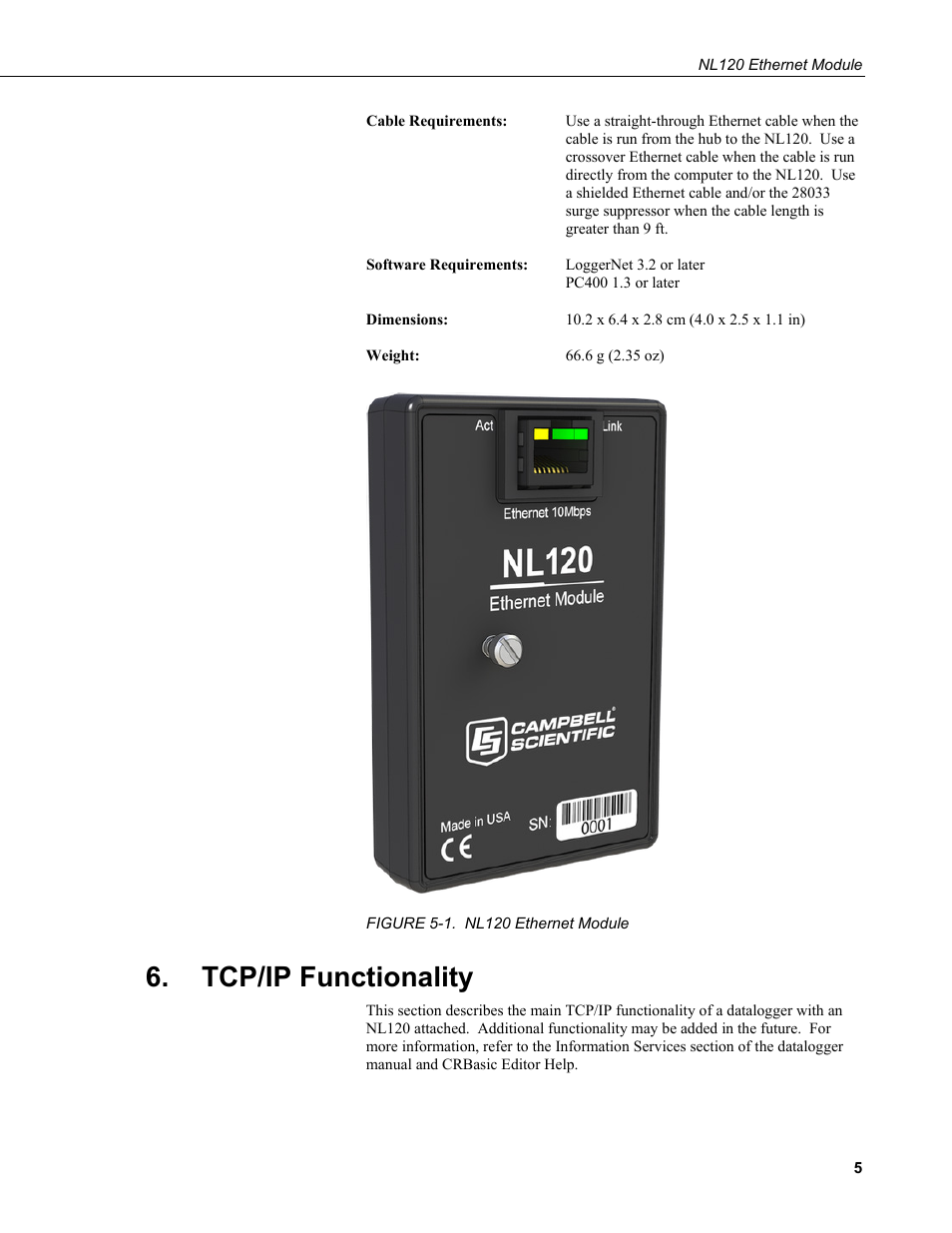 Tcp/ip functionality, 1. nl120 ethernet module | Campbell Scientific NL120 Ethernet Module User Manual | Page 11 / 20