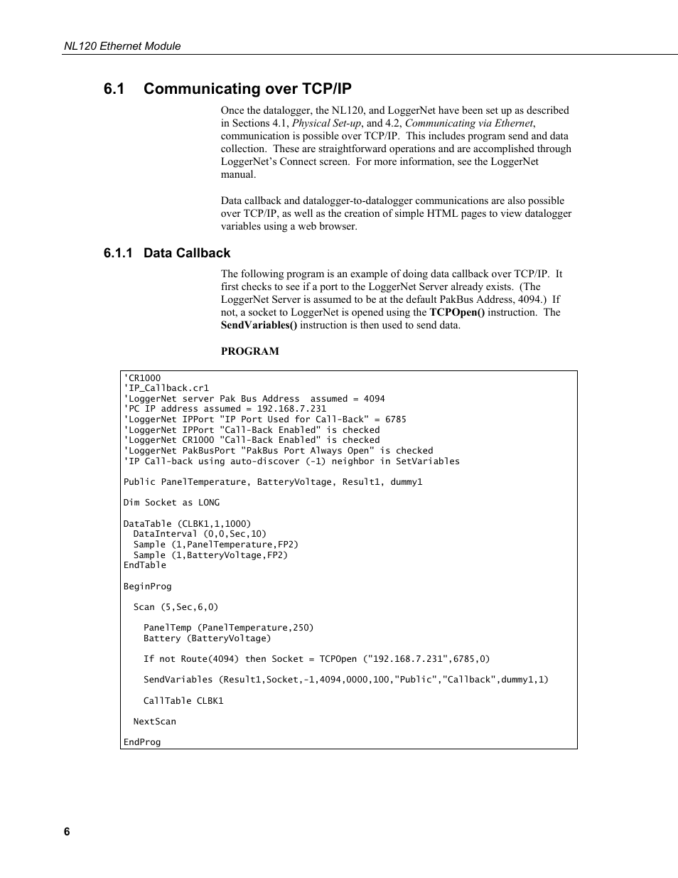 1 communicating over tcp/ip, 1 data callback, Communicating over tcp/ip | Data callback | Campbell Scientific NL120 Ethernet Module User Manual | Page 12 / 20