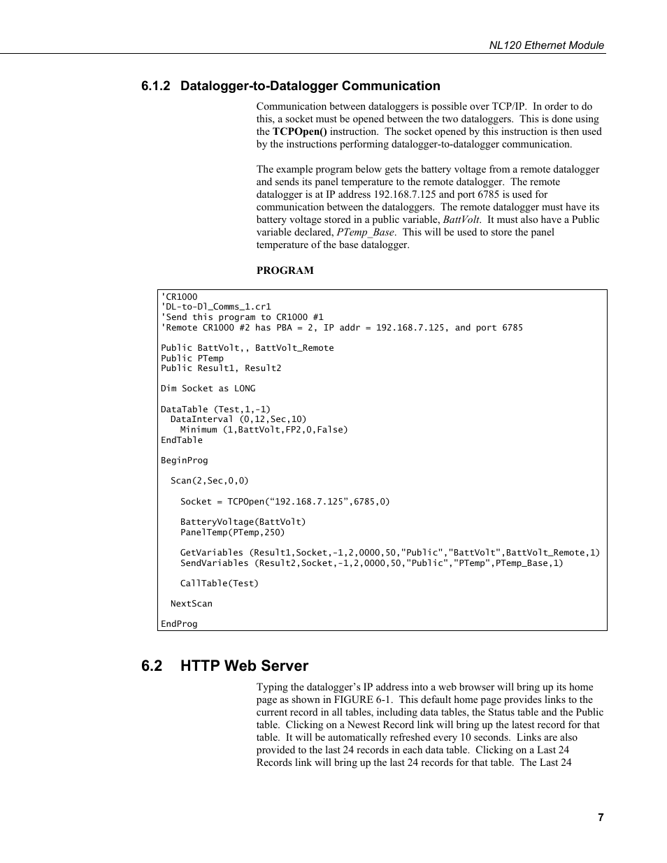 2 datalogger-to-datalogger communication, 2 http web server, Datalogger-to-datalogger communication | Http web server | Campbell Scientific NL120 Ethernet Module User Manual | Page 13 / 20