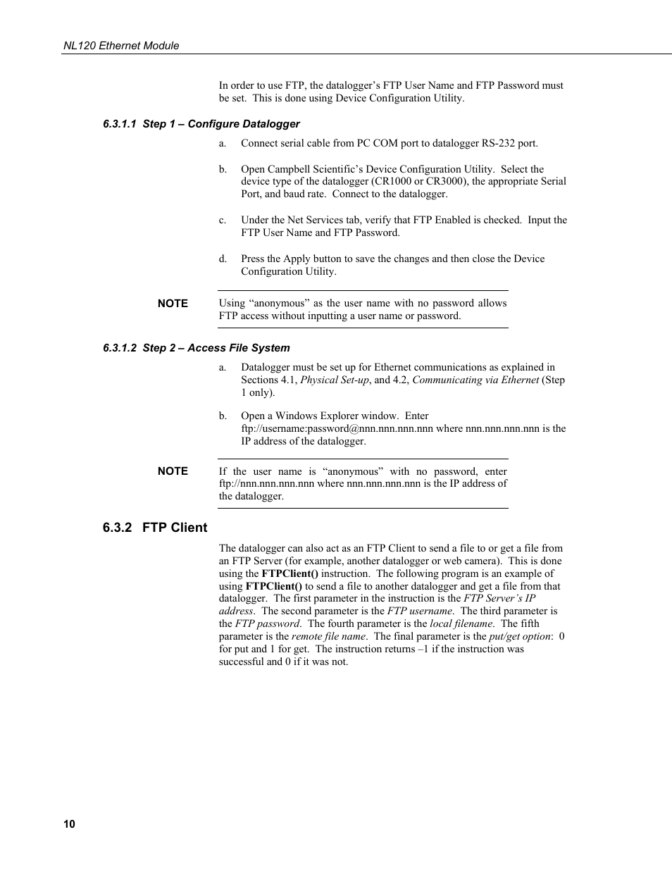 1 step 1 – configure datalogger, 2 step 2 – access file system, 2 ftp client | Step 1 – configure datalogger, Step 2 – access file system, Ftp client | Campbell Scientific NL120 Ethernet Module User Manual | Page 16 / 20