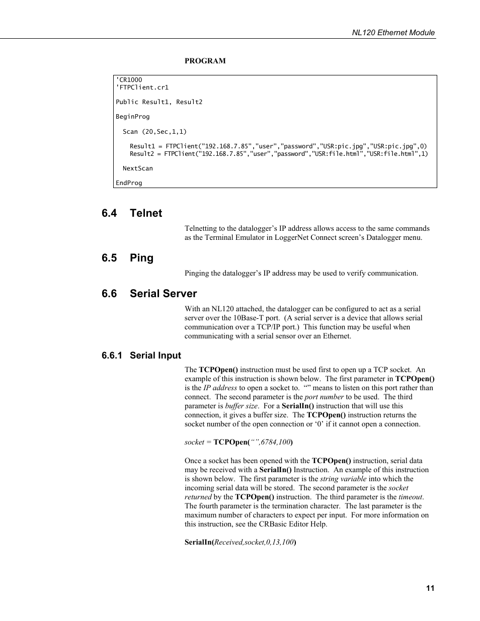 4 telnet, 5 ping, 6 serial server | 1 serial input, Telnet, Ping, Serial server, Serial input | Campbell Scientific NL120 Ethernet Module User Manual | Page 17 / 20
