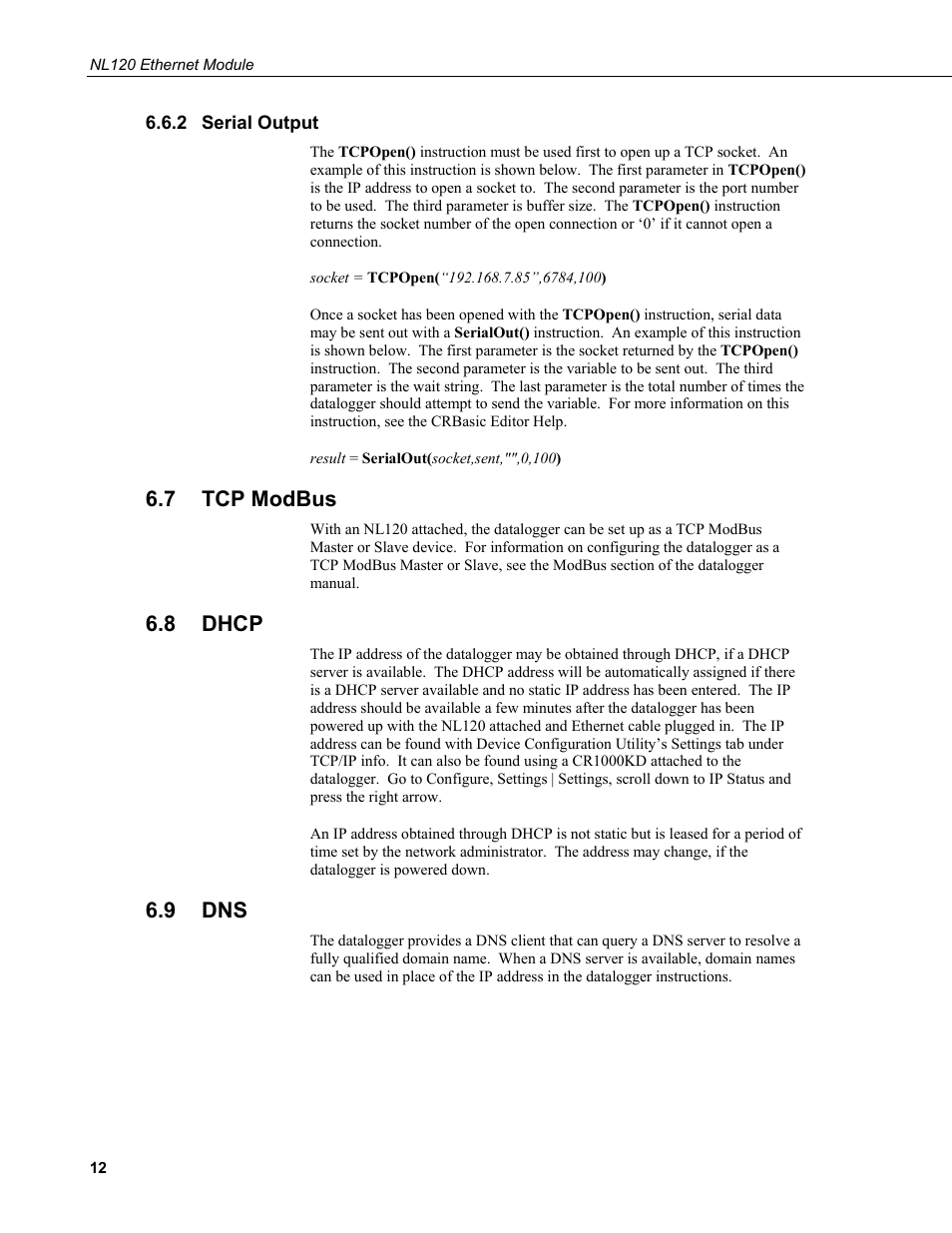 2 serial output, 7 tcp modbus, 8 dhcp | 9 dns, Serial output, Tcp modbus, Dhcp | Campbell Scientific NL120 Ethernet Module User Manual | Page 18 / 20