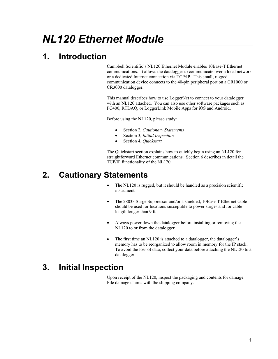 Introduction, Cautionary statements, Initial inspection | Nl120 ethernet module | Campbell Scientific NL120 Ethernet Module User Manual | Page 7 / 20