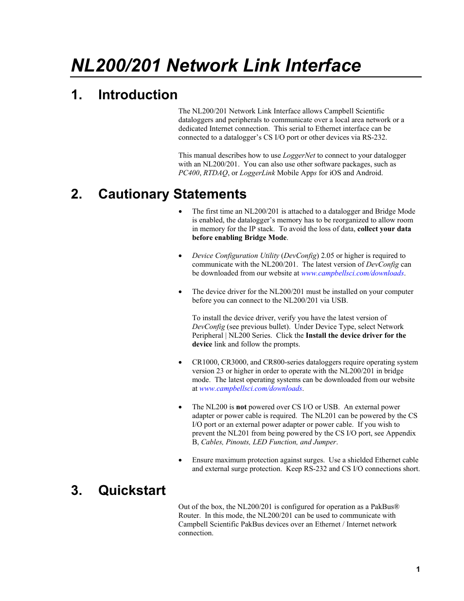 Introduction, Cautionary statements, Quickstart | Campbell Scientific NL200/NL201 Network Link Interface User Manual | Page 11 / 60