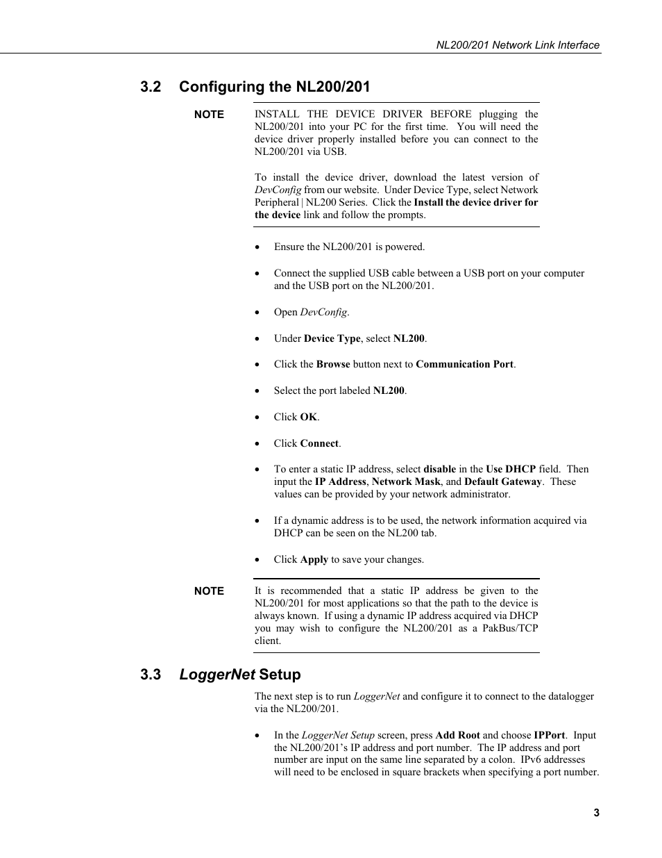 2 configuring the nl200/201, 3 loggernet setup, Configuring the nl200/201 | Loggernet setup | Campbell Scientific NL200/NL201 Network Link Interface User Manual | Page 13 / 60